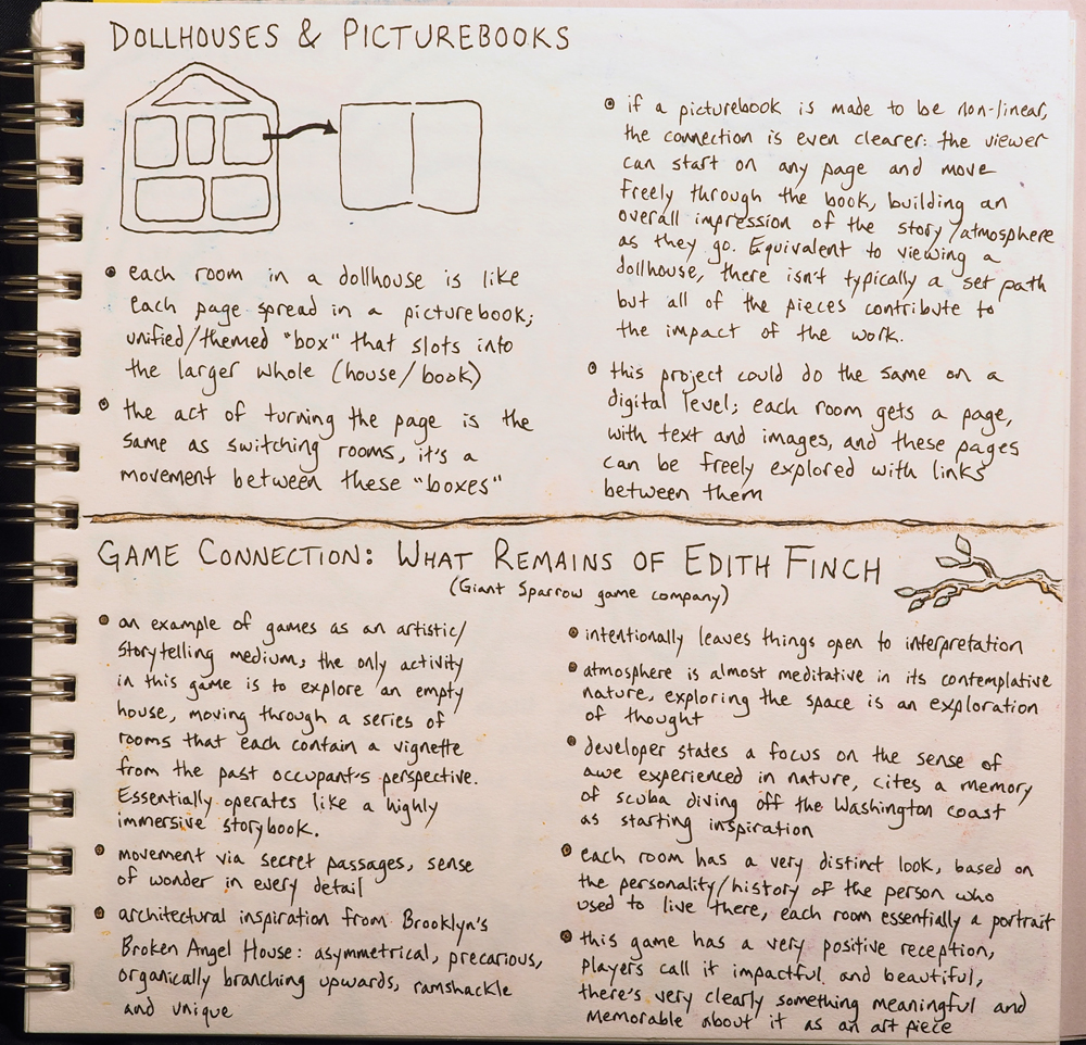 A notebook page making connections between dollhouses and picturebooks, as well as notes about the game What Remains of Edith Finch.