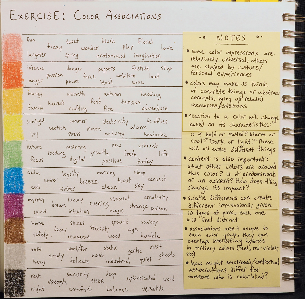 A notebook page with an exercise on color associations.